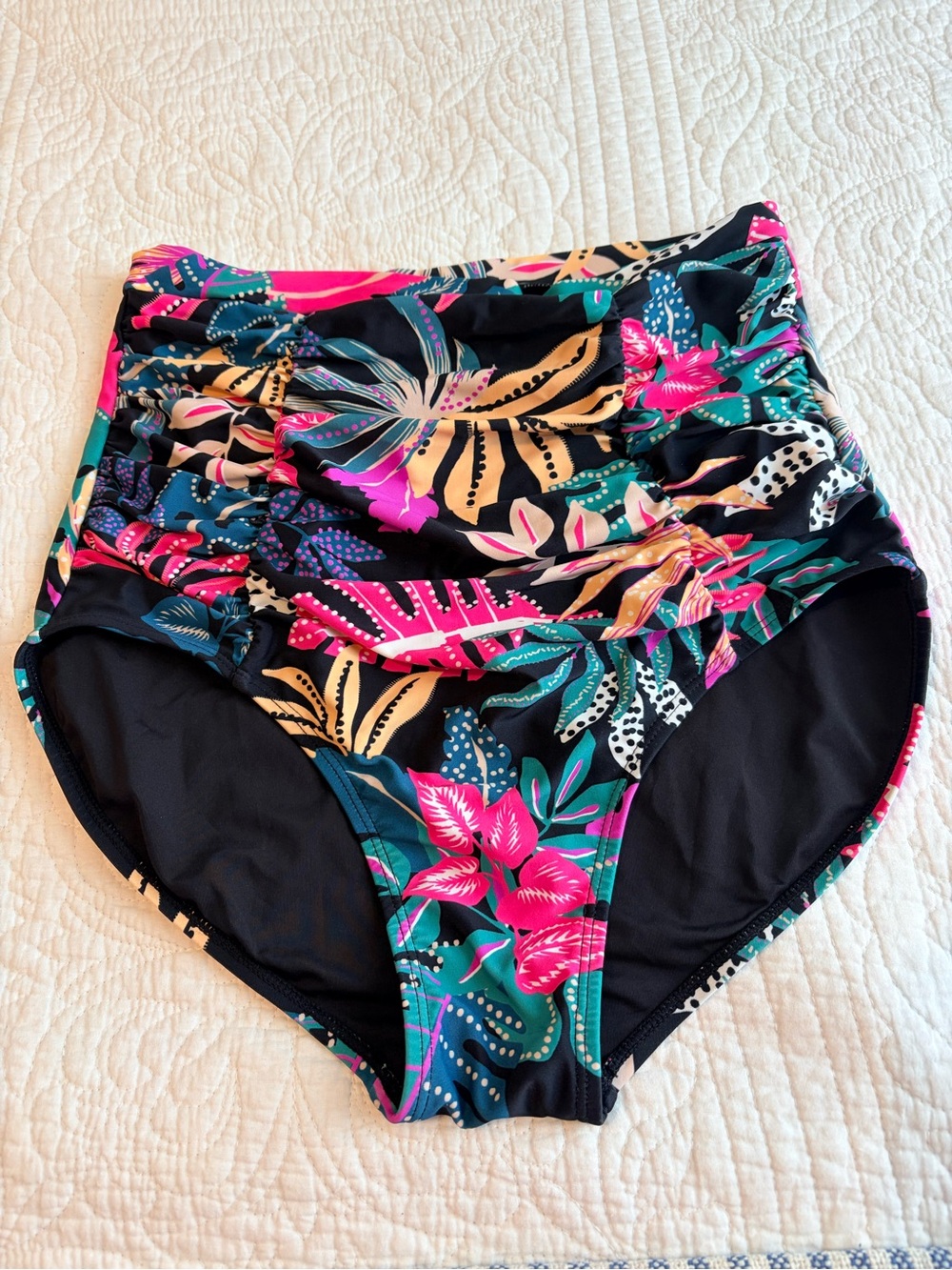 Shapermint Black High-Rise Bottoms with Pink & Teal Tropical Accents